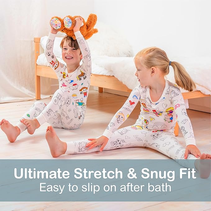 Coloring Pajamas for Kids with Markers - Mermaid Theme Soft Stretchy Bamboo Viscose 2-Piece Unisex PJs Set, Color Your Own Pajamas
