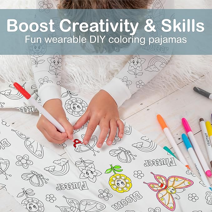 Coloring Pajamas for Kids with Markers - Butterfly Garden Theme Soft Stretchy Bamboo Viscose 2-Piece Unisex PJs Set, Color Your Own Pajamas
