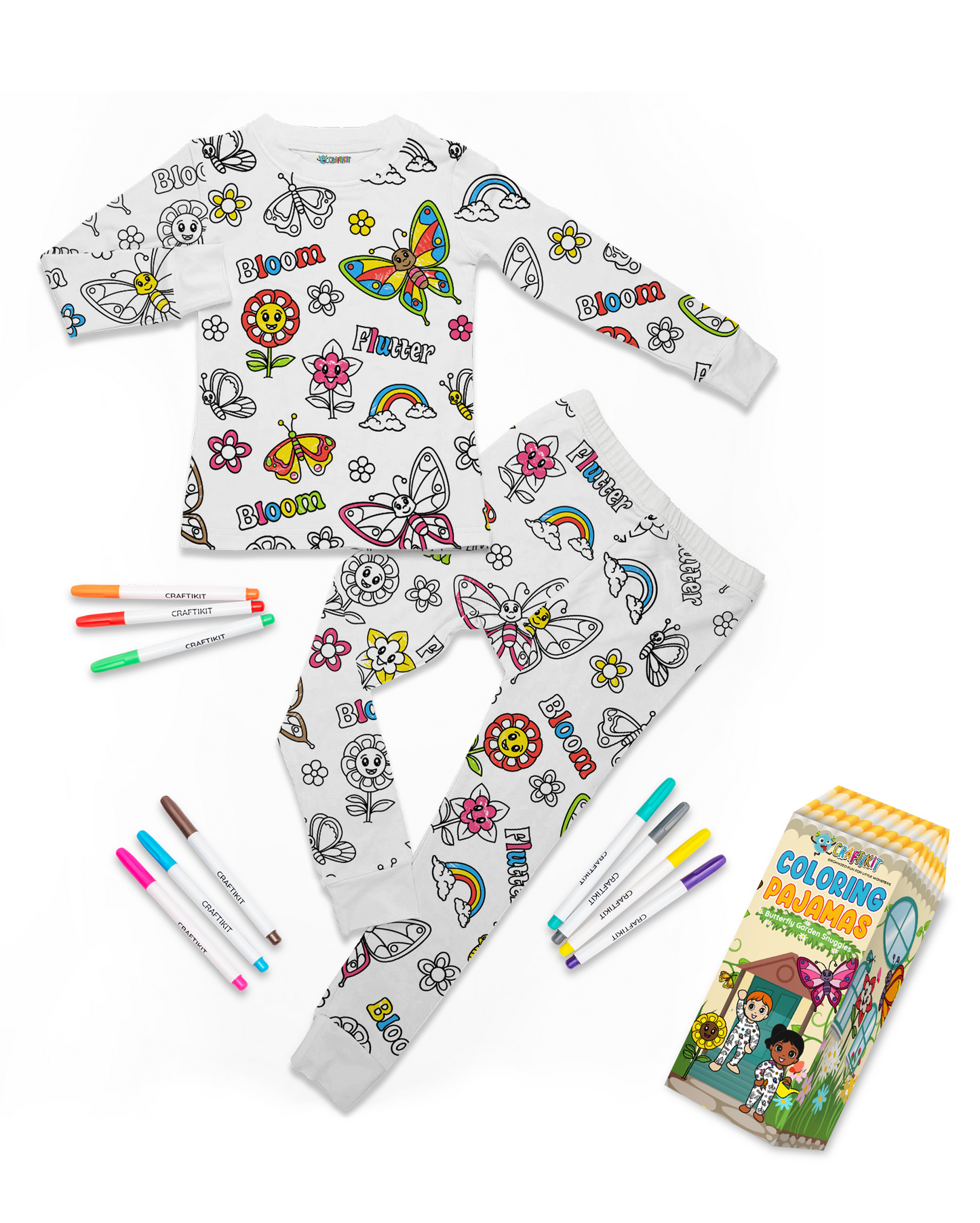 Coloring Pajamas for Kids with Markers - Butterfly Garden Theme Soft Stretchy Bamboo Viscose 2-Piece Unisex PJs Set, Color Your Own Pajamas