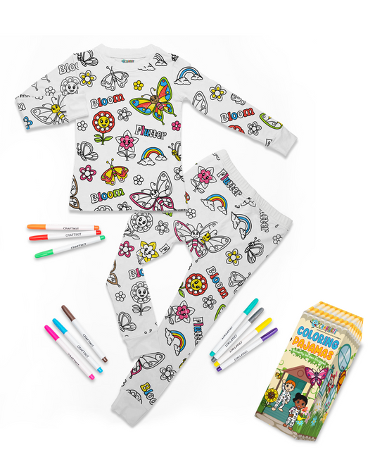 Coloring Pajamas for Kids with Markers - Butterfly Garden Theme Soft Stretchy Bamboo Viscose 2-Piece Unisex PJs Set, Color Your Own Pajamas