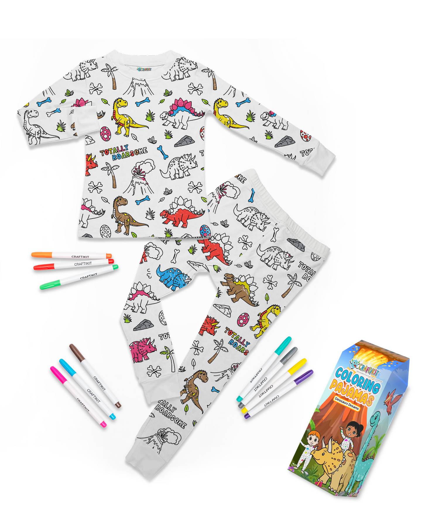 Coloring Pajamas for Kids with Markers - Dinosaur Theme Soft Stretchy Bamboo Viscose 2-Piece Unisex PJs Set, Color Your Own Pajamas