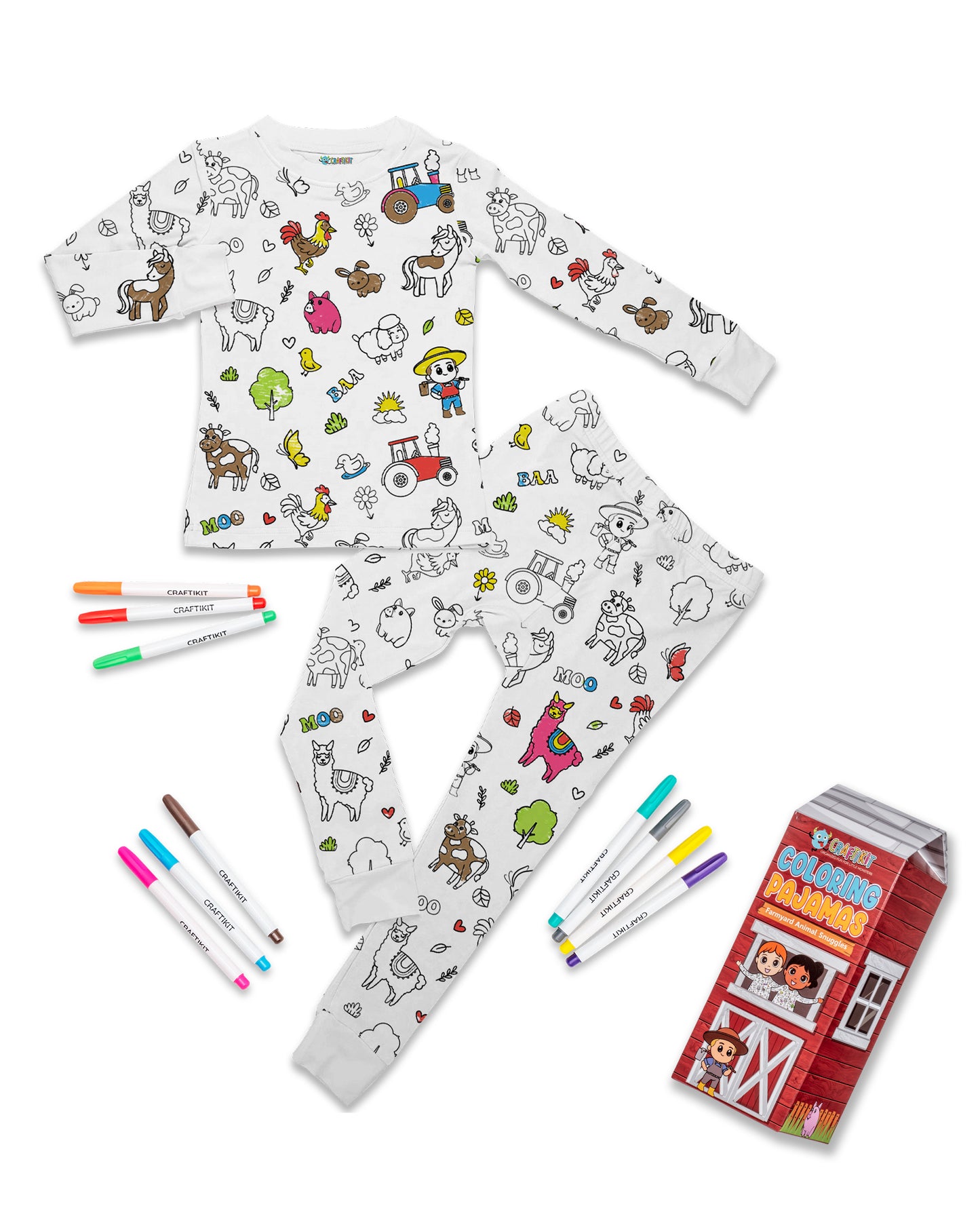 Coloring Pajamas for Kids with Markers - Farm Theme Soft Stretchy Bamboo Viscose 2-Piece Unisex PJs Set, Color Your Own Pajamas