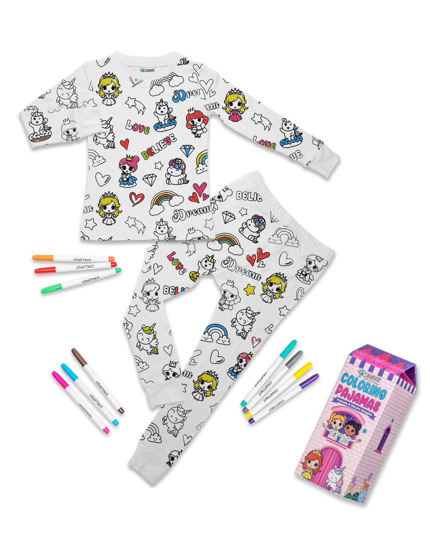 Kids Colorable Pajamas with Markers - Snug Fit Bamboo Viscose PJs - Princess and Unicorn