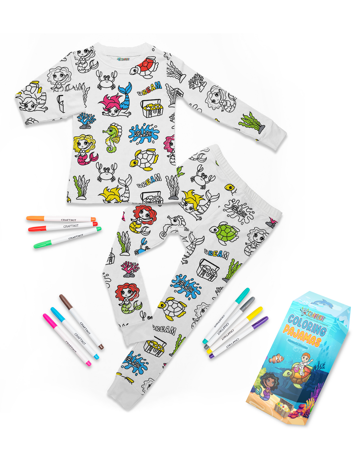 Coloring Pajamas for Kids with Markers - Soft Stretchy Bamboo 2-Piece Unisex PJs Set with 10 Permanent Fabric Markers