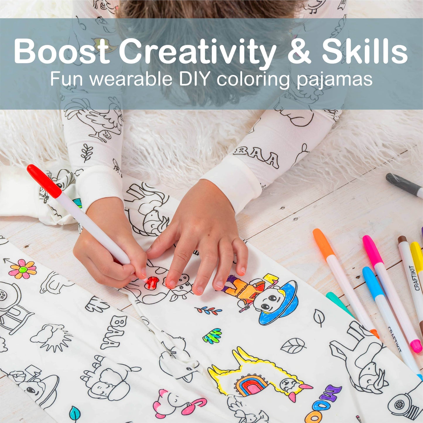 Coloring Pajamas for Kids with Markers - Farm Theme Soft Stretchy Bamboo Viscose 2-Piece Unisex PJs Set, Color Your Own Pajamas