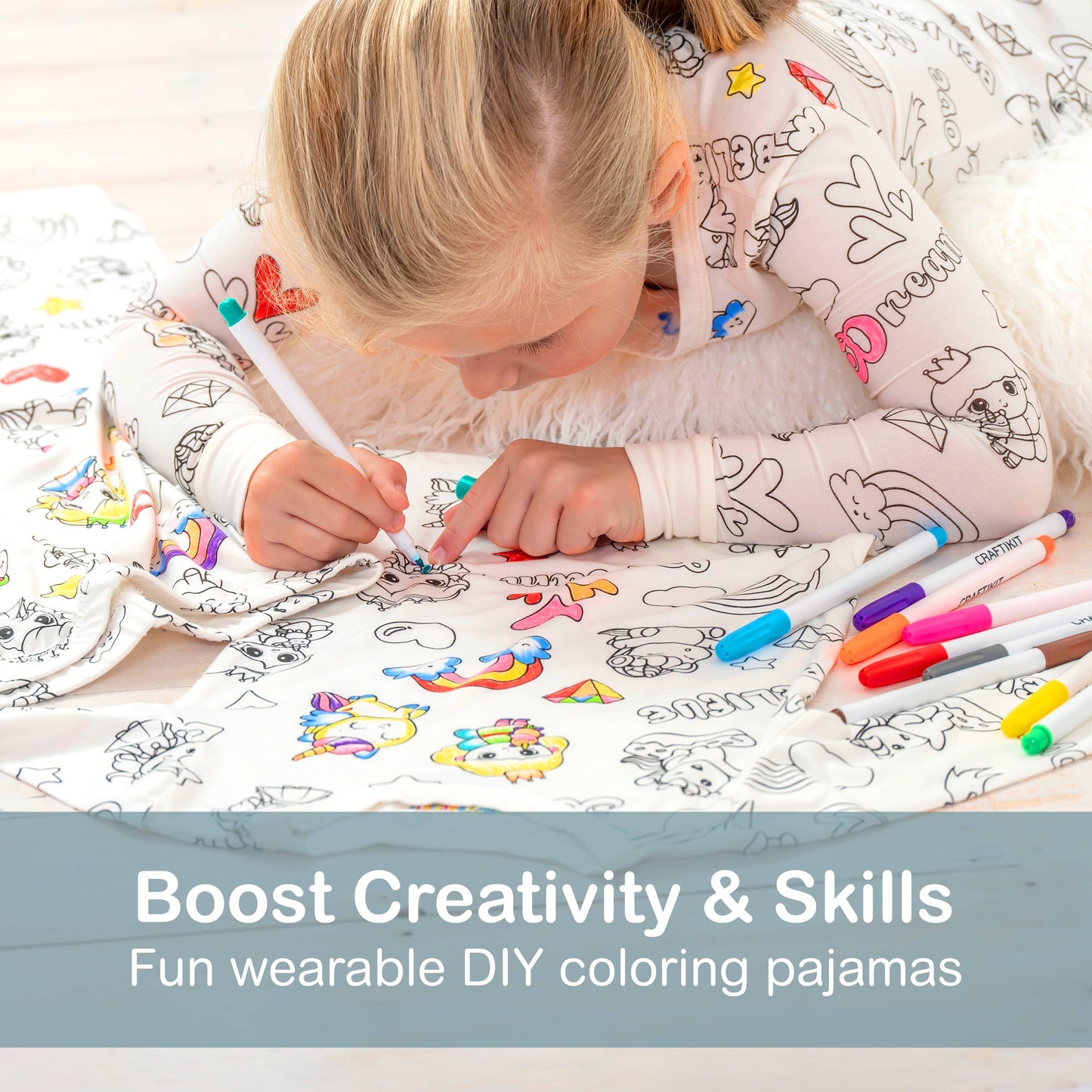 Kids Colorable Pajamas with Markers - Snug Fit Bamboo Viscose PJs - Princess and Unicorn