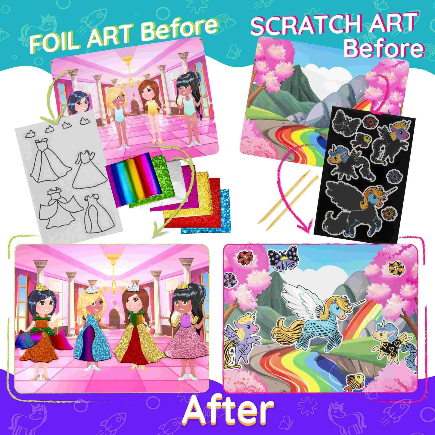 Princess & Unicorn Foil Art & Rainbow Scratch Art for Kids