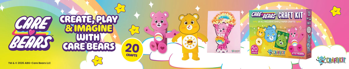 Care Bears: create, play and imagine. Rainbow artwork, finished bear crafts and the 20-craft gift box.