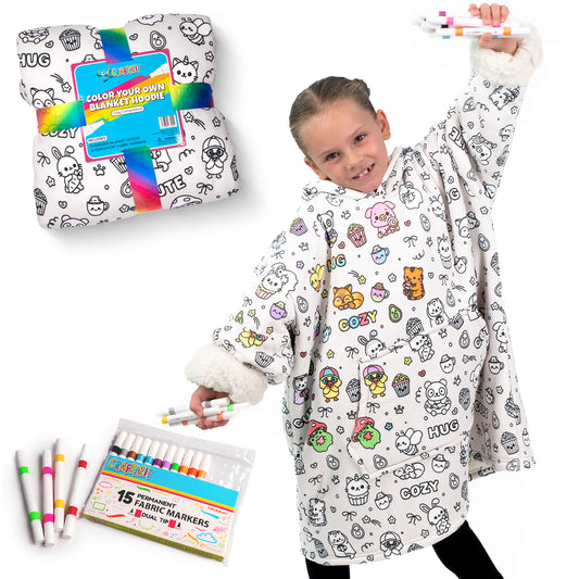 Color In Blanket Hoodie for Kids and Adults - Oversized Wearable Craft Kit with Permanent Markers, Fleece Washable