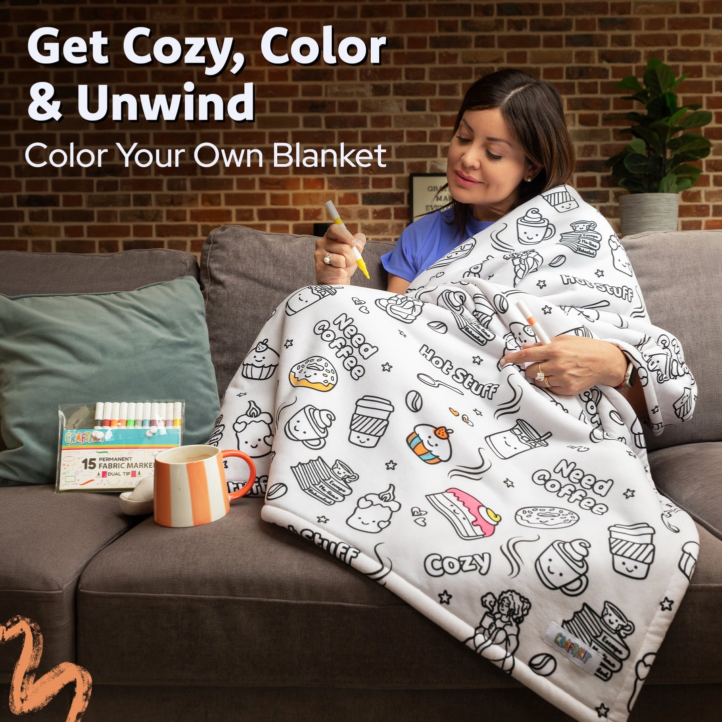 Craftikit Coffee Coloring In Blanket for Adults - Sherpa Throw -15 Markers