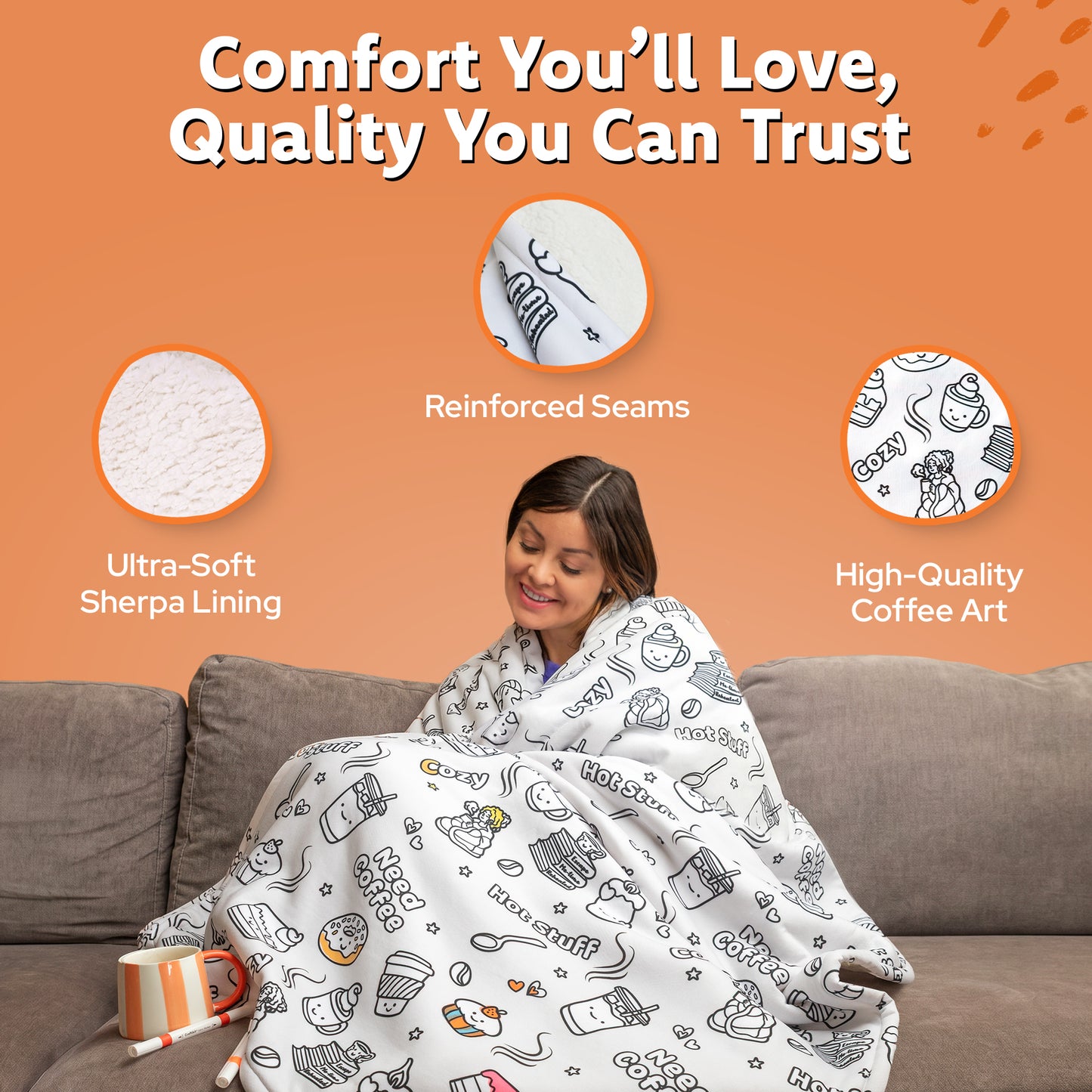 Craftikit Coffee Coloring In Blanket for Adults - Sherpa Throw -15 Markers