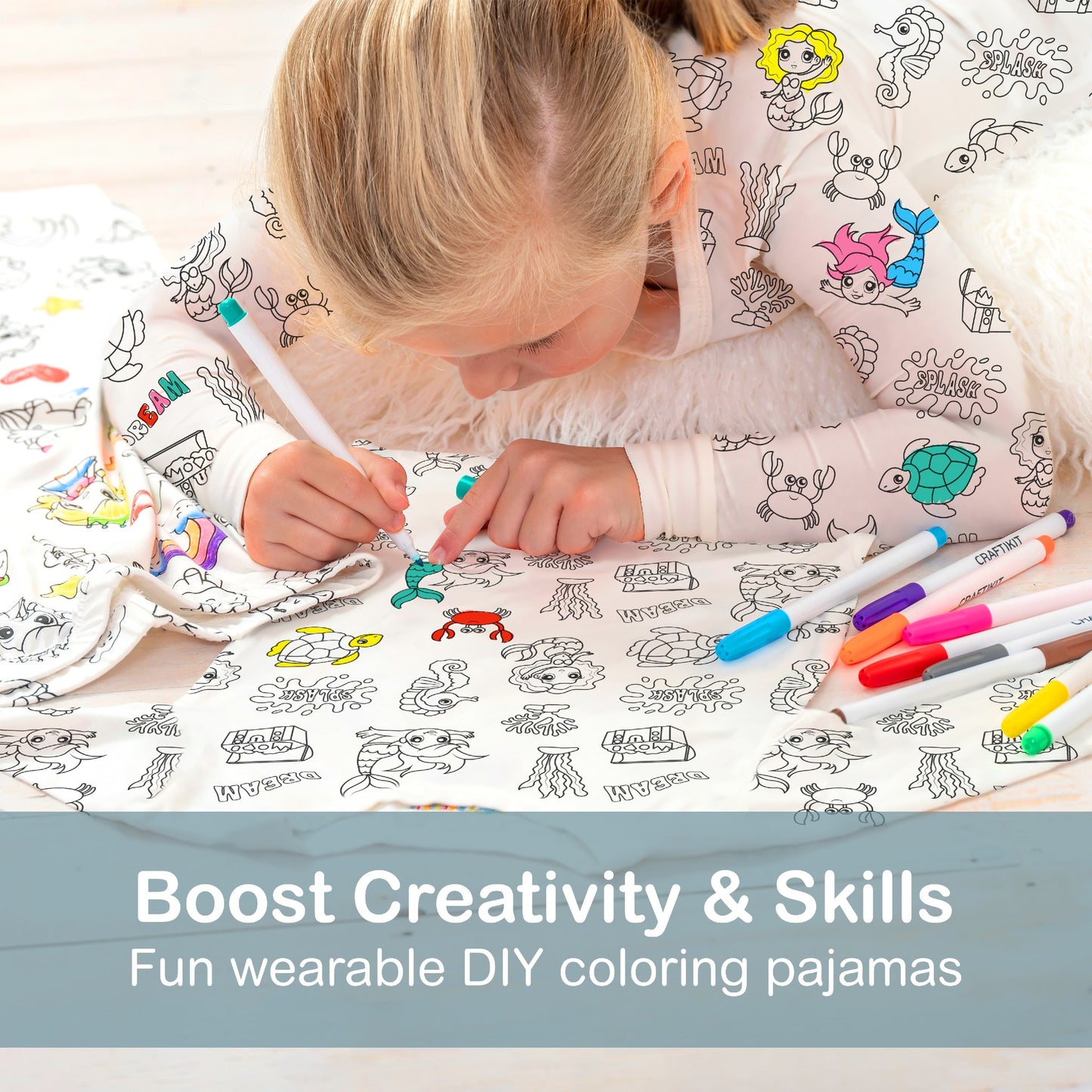 Coloring Pajamas for Kids with Markers - Soft Stretchy Bamboo 2-Piece Unisex PJs Set with 10 Permanent Fabric Markers