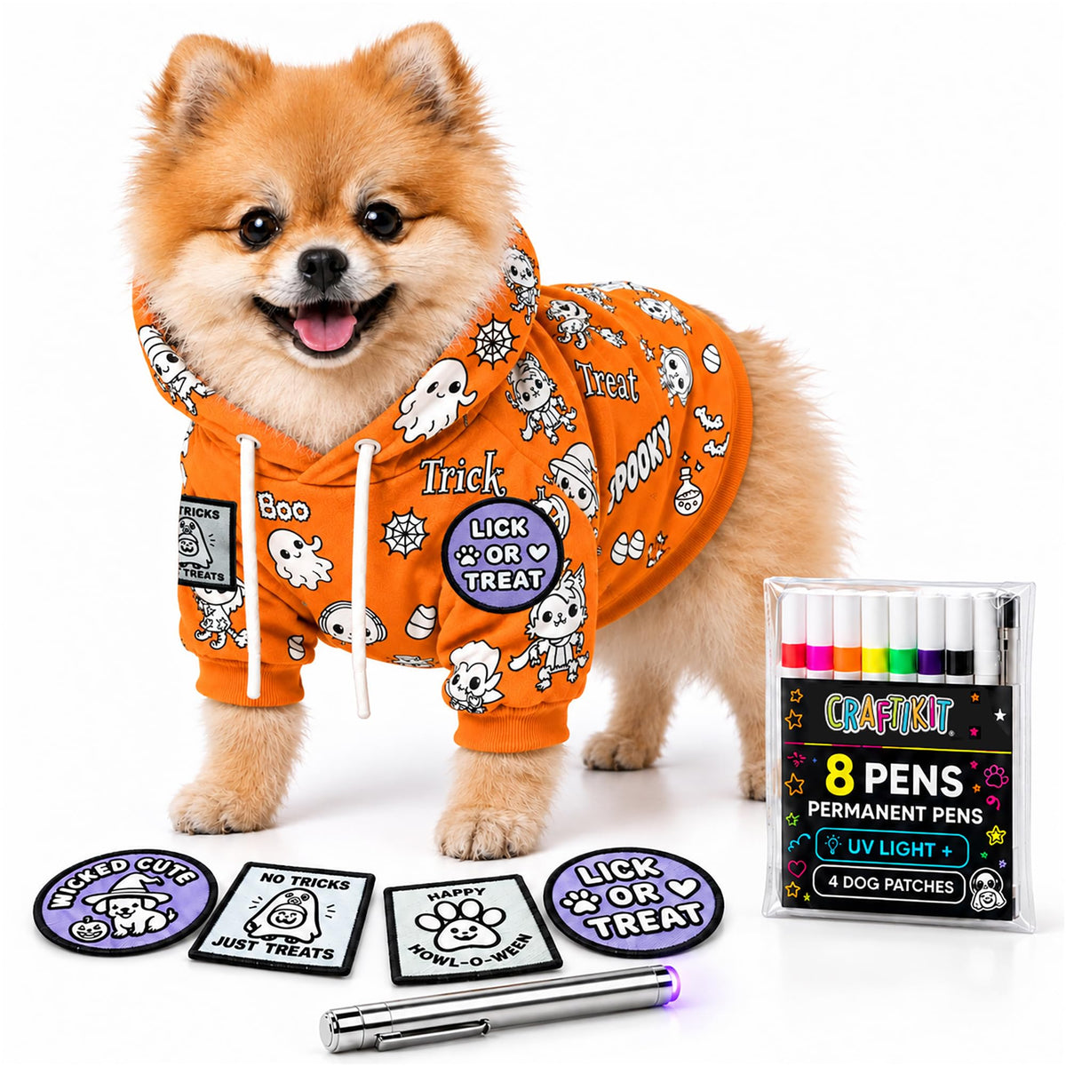 Craftikit Halloween coloring dog hoodie full kit: Pomeranian wearing the orange hoodie with 8 permanent fabric markers, 4 Halloween patches and a UV glow wand