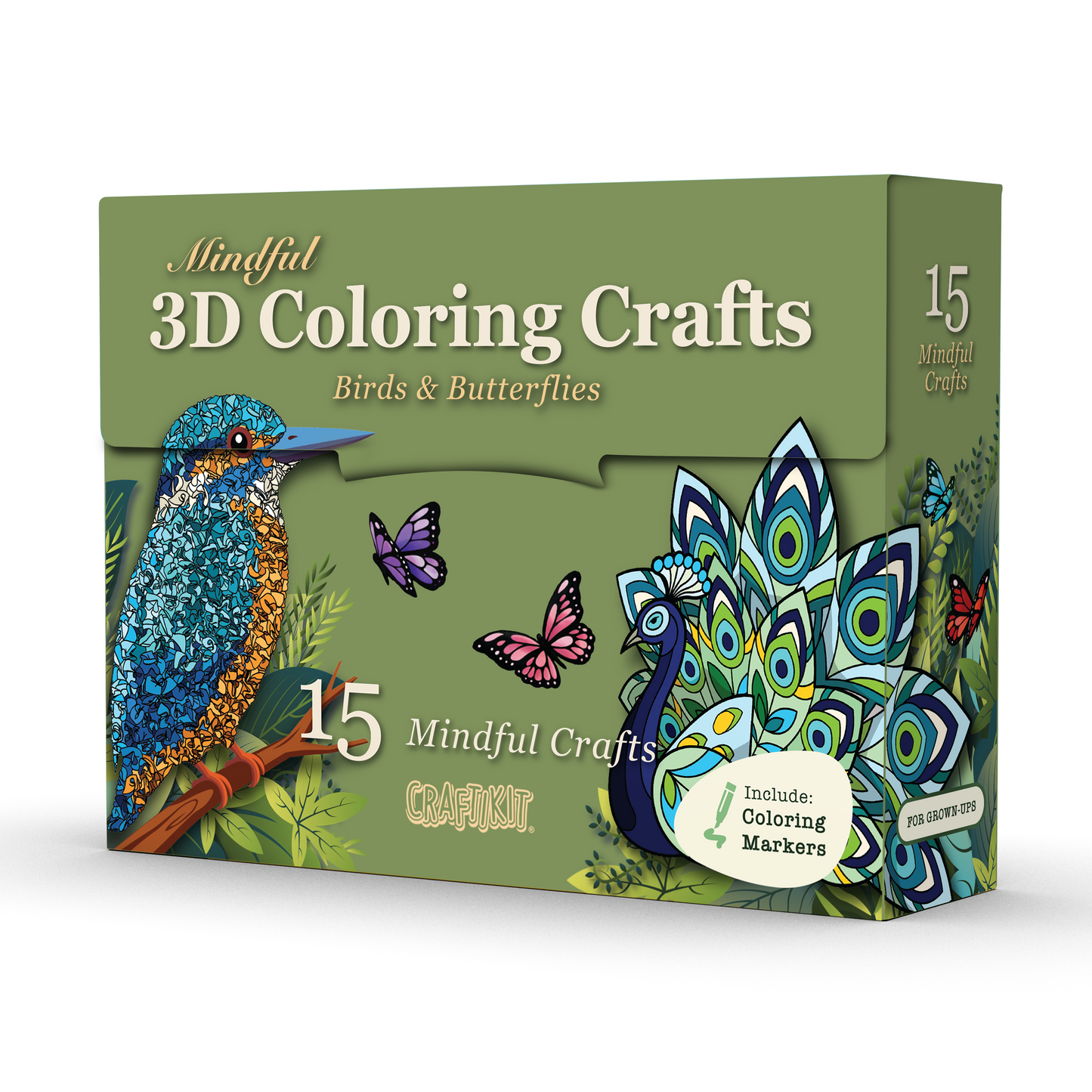 Grown-Up 3D Coloring Craft Kit Birds & Butterflies - 15 crafts, 10 dual-tip markers