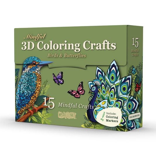 Grown-Up 3D Coloring Craft Kit Birds & Butterflies - 15 crafts, 10 dual-tip markers