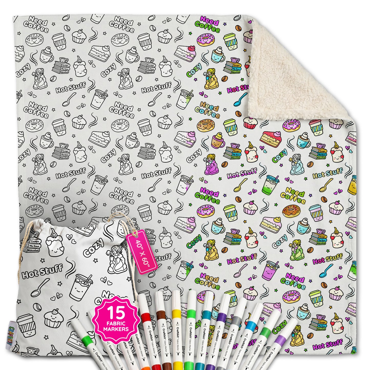 Craftikit Coffee Coloring In Blanket for Adults - Sherpa Throw -15 Markers