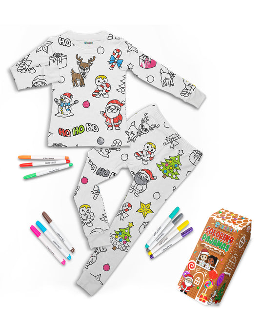 Coloring Pajamas for Kids with Markers - Christmas Theme Soft Stretchy Bamboo Viscose 2-Piece Unisex PJs Set, Color Your Own Pajamas