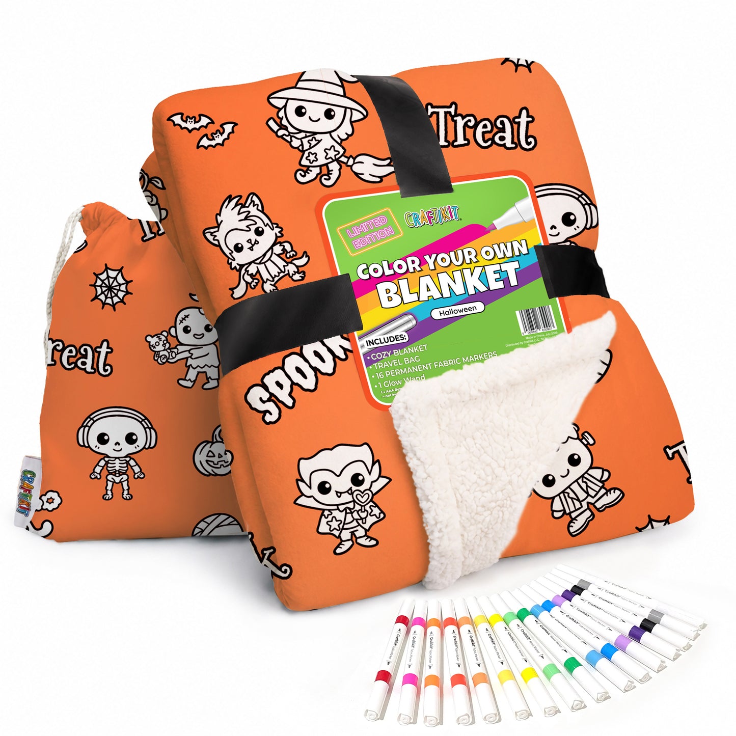 Halloween Coloring Blanket for Grown-Ups, 16 Fabric Markers Included