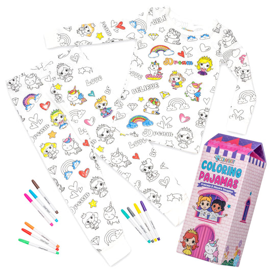 Kids Colorable Pajamas with Markers - Snug Fit Bamboo Viscose PJs  - Princess and Unicorn